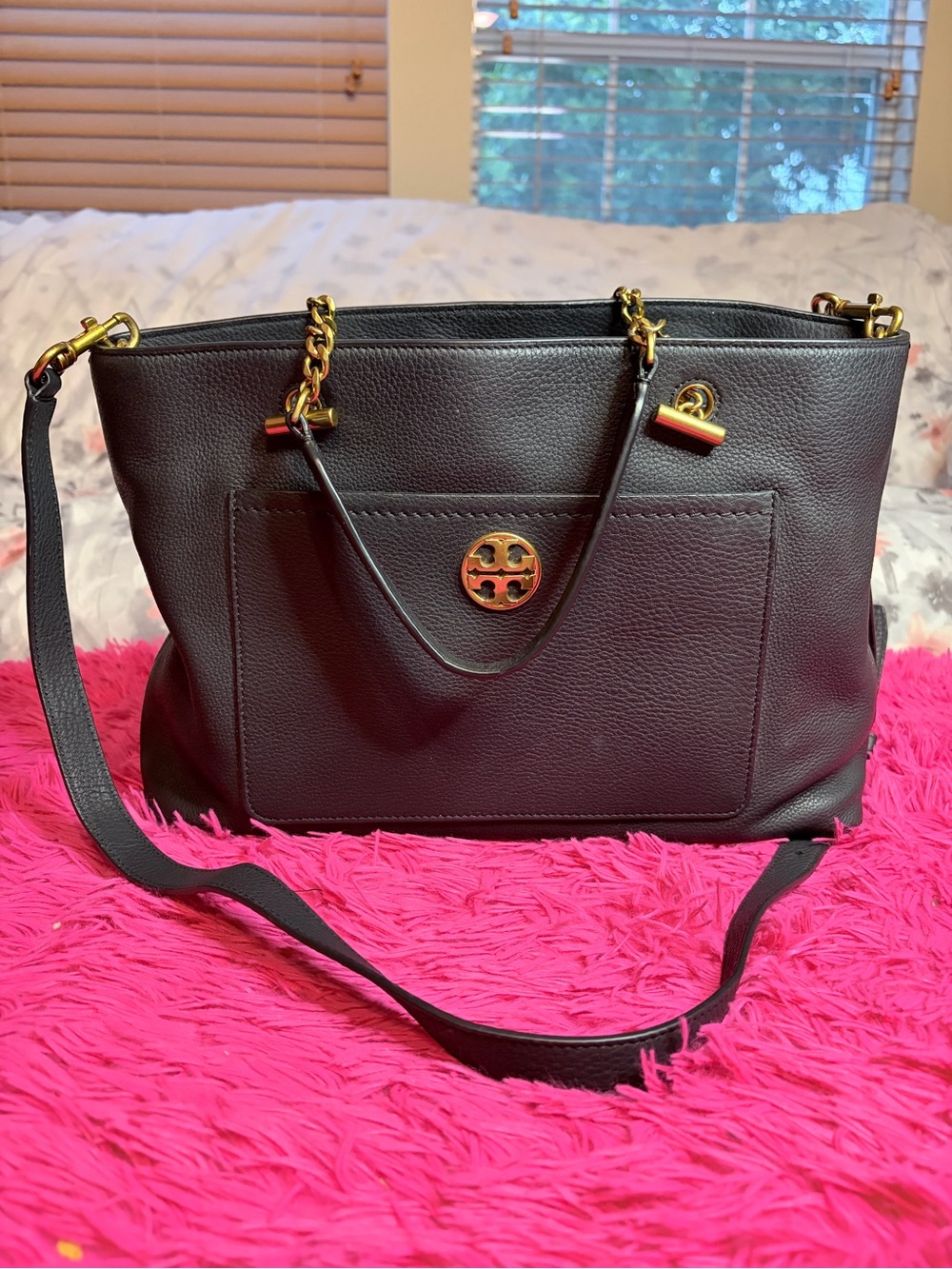Tory Burch Dark Blue Leather Chain-Strap Tote